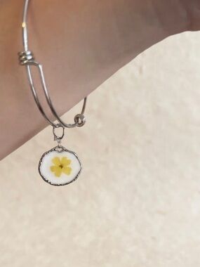 Silver Bracelet with Yellow Flower Charm - Made with real dried flower